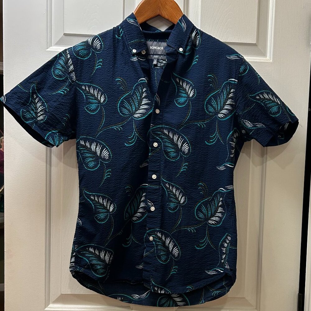 Bonobos Men's Blue Leaf Print Riviera Short Sleeve Shirt, Size M